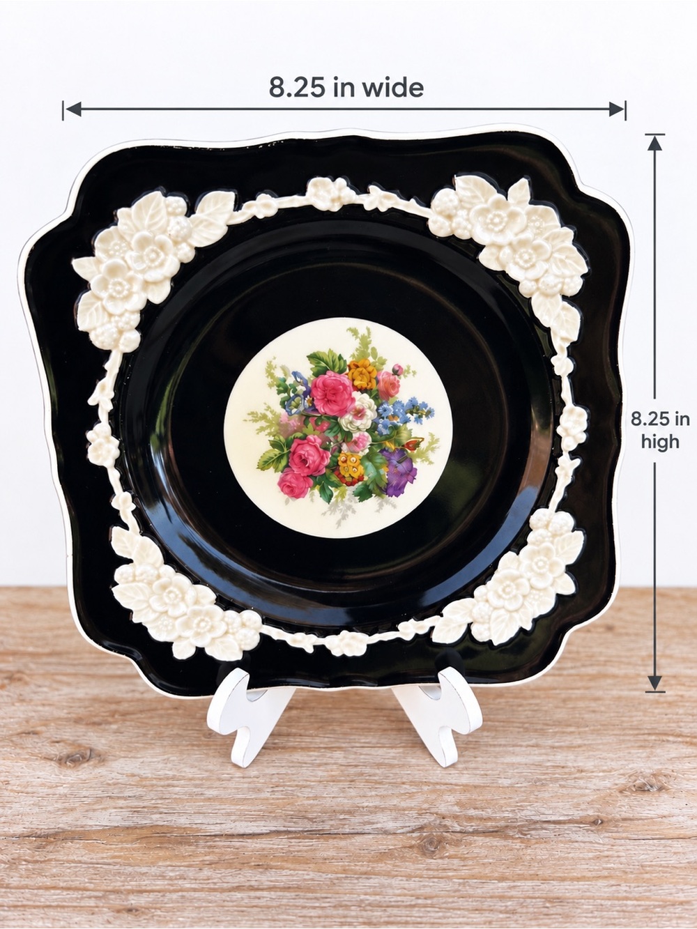Vintage Crown Ducal Gainsborough Black Floral Square Plate 8.25” England